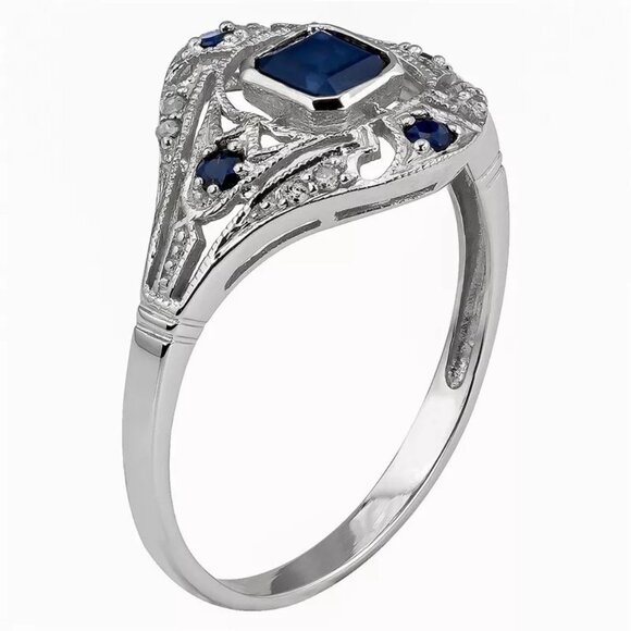New Womens Blue Sapphire & Diamond CZ Ring Sz 10 - Picture 3 of 4